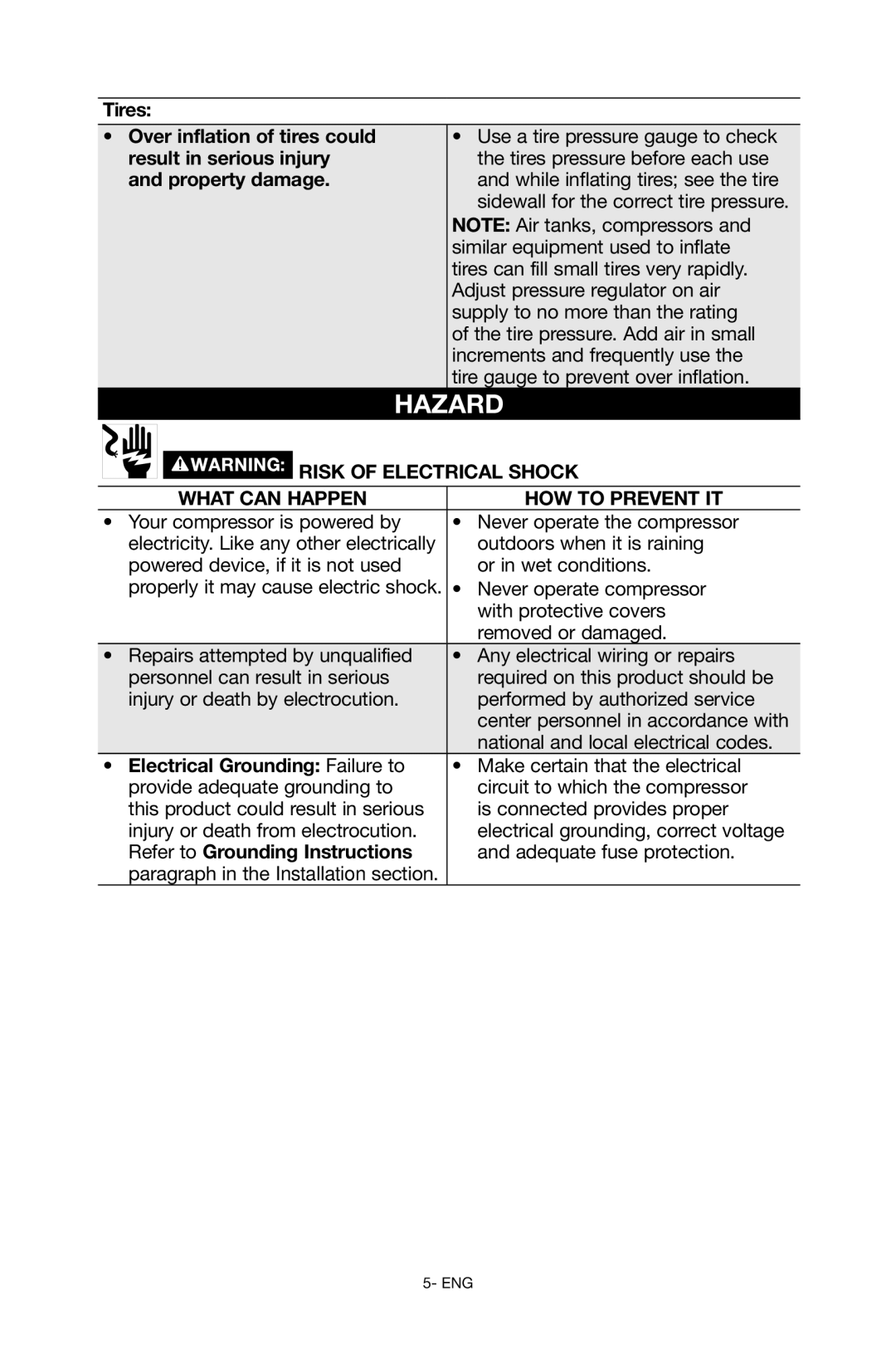 Porter-Cable C6110 instruction manual Tires Over inflation of tires could, Result in serious injury, Property damage 