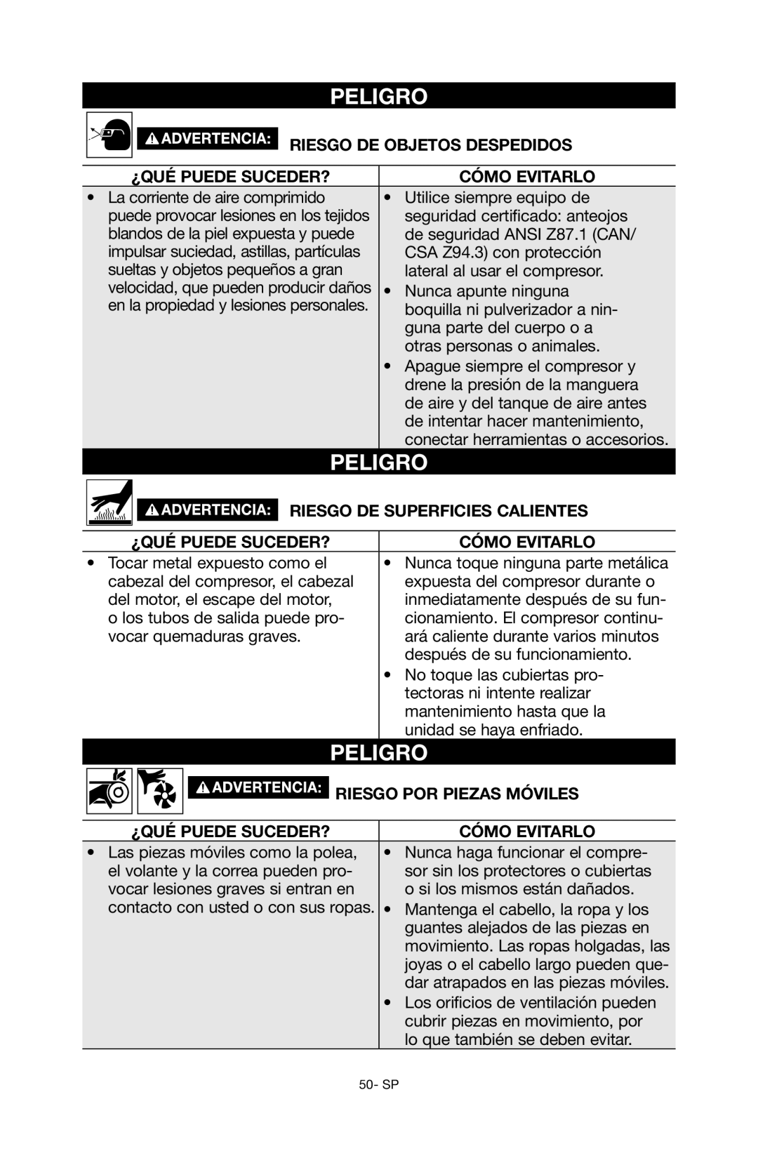 Porter-Cable C6110 instruction manual Riesgo DE superficies calientes, Riesgo por piezas móviles 