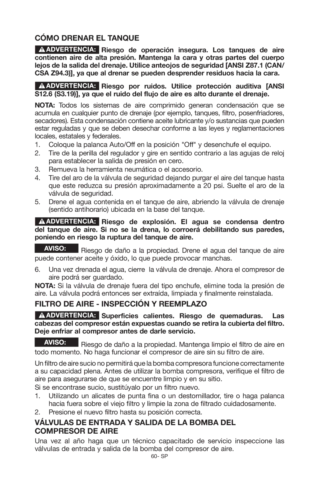 Porter-Cable C6110 instruction manual Cómo drenar el tanque, Filtro de Aire Inspección y reemplazo 