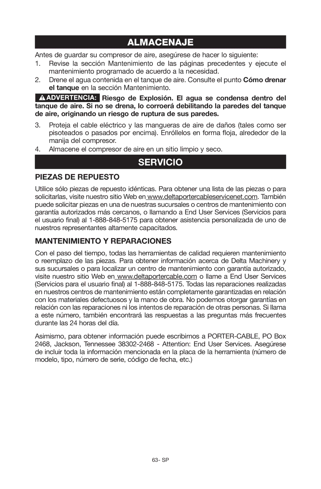 Porter-Cable C6110 instruction manual Almacenaje, Servicio 