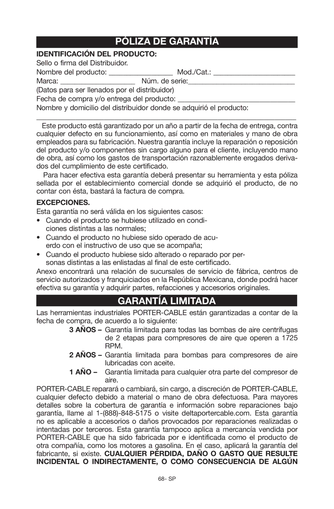 Porter-Cable C6110 Garantía Limitada, Identificación DEL Producto Sello o firma del Distribuidor, Excepciones 