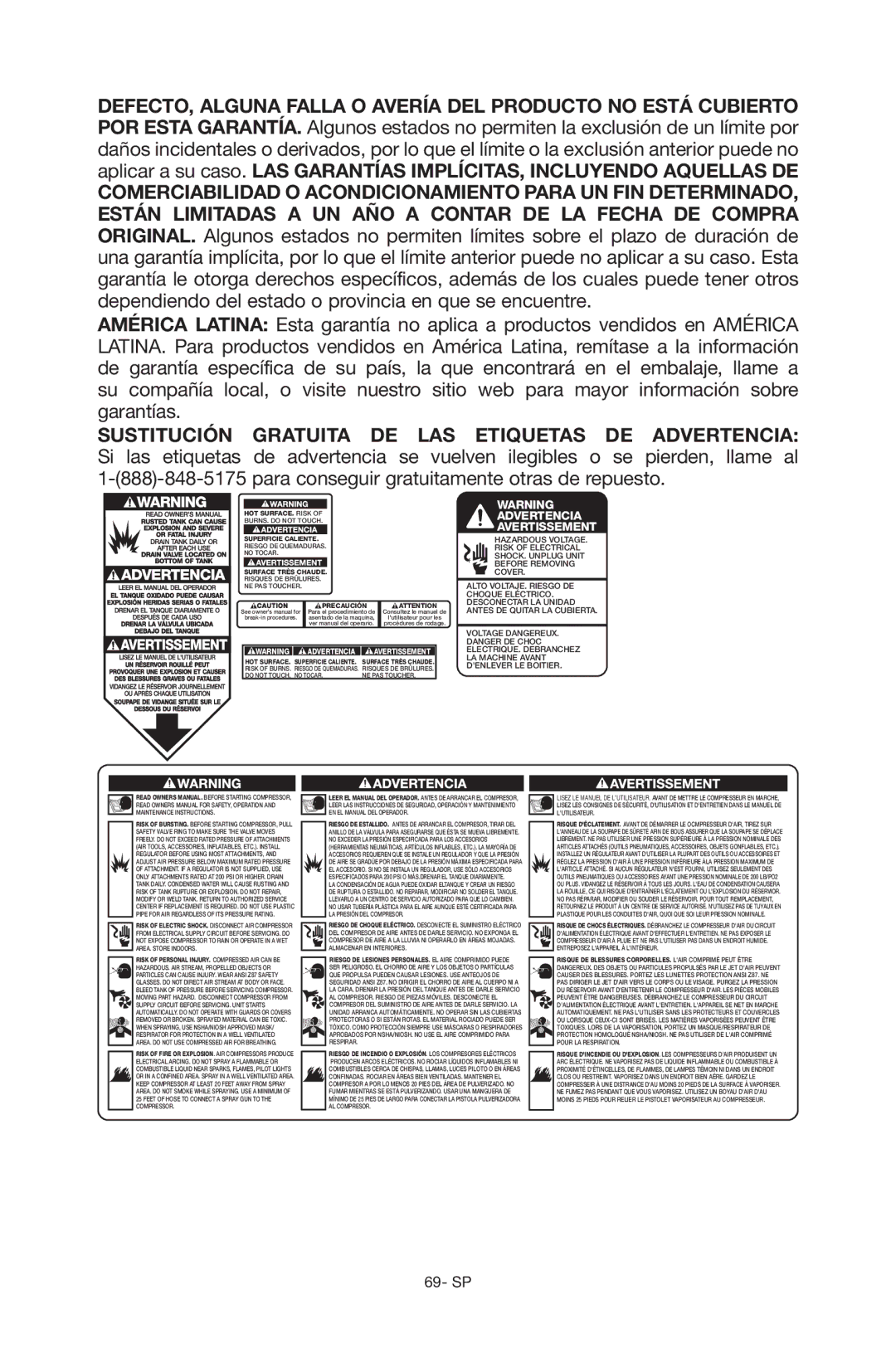 Porter-Cable C6110 instruction manual Sustitución Gratuita DE LAS Etiquetas Advertencia 