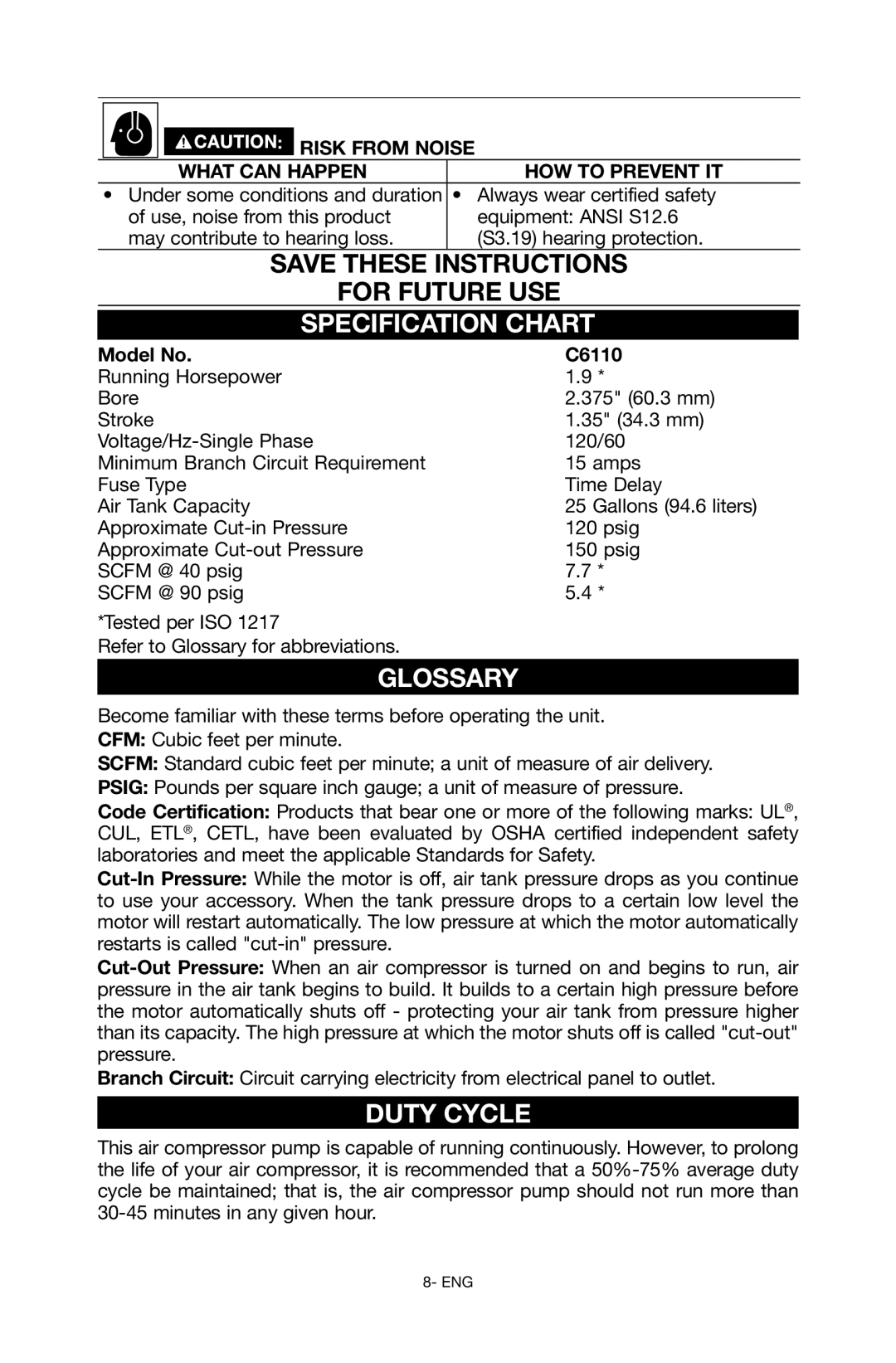 Porter-Cable C6110 Specification Chart, Glossary, Duty Cycle, Risk from noise What can happen How to prevent it 