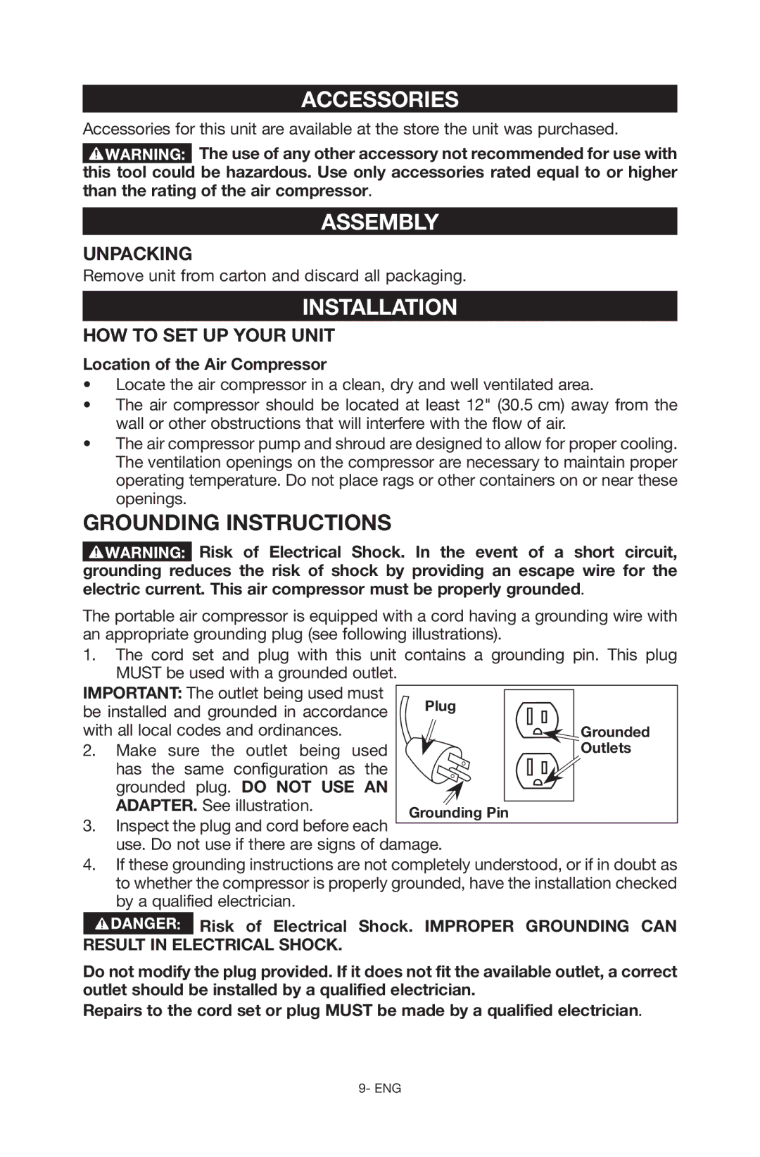 Porter-Cable C6110 instruction manual Accessories, Assembly, Installation, Unpacking, Location of the Air Compressor 