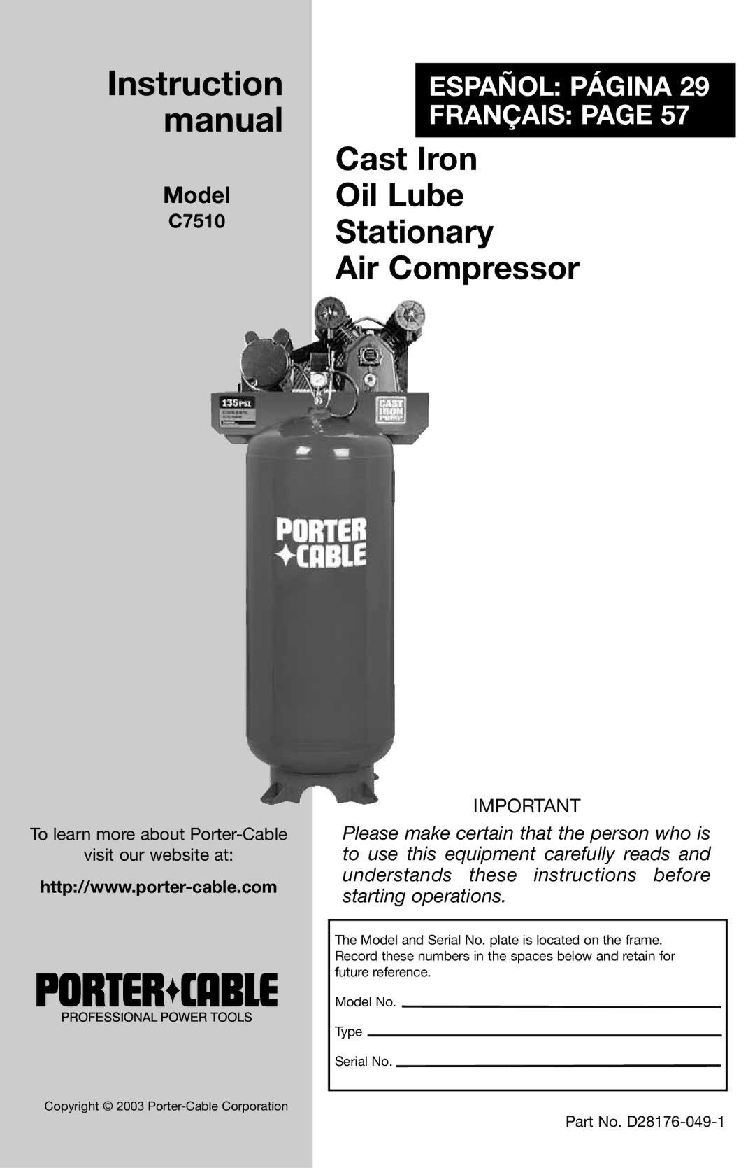 Porter-Cable C7510 instruction manual Model 