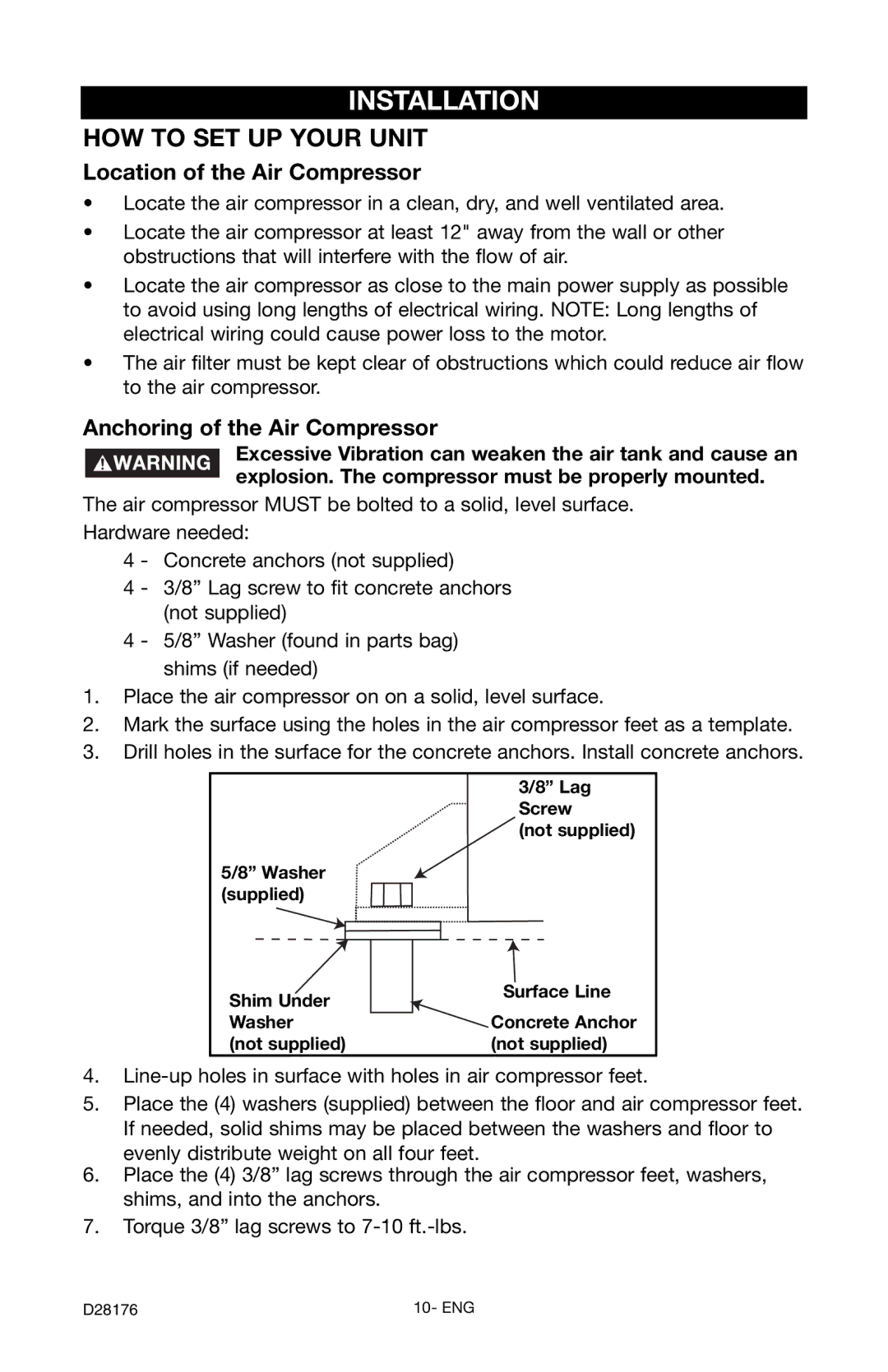 Porter-Cable C7510 instruction manual Installation, Location of the Air Compressor, Anchoring of the Air Compressor 