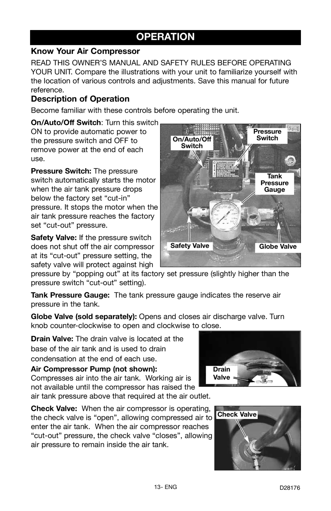 Porter-Cable C7510 instruction manual Know Your Air Compressor Description of Operation 