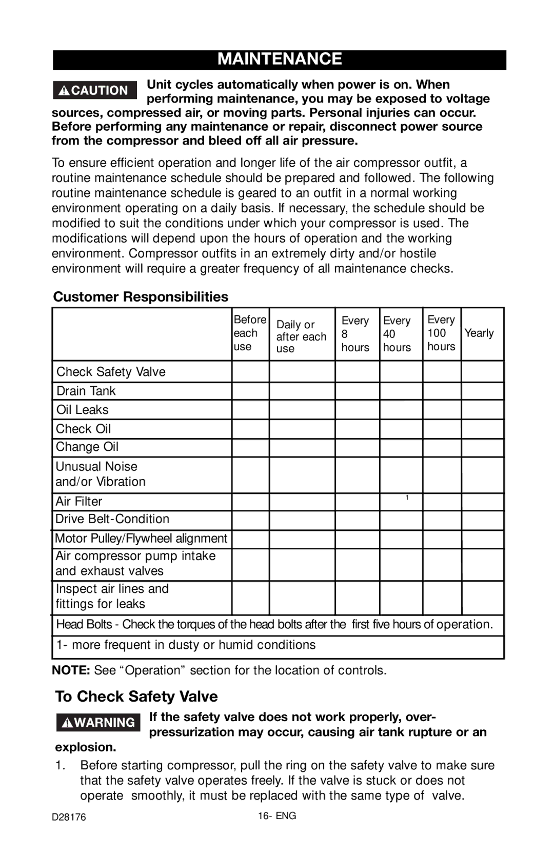 Porter-Cable C7510 instruction manual Maintenance, To Check Safety Valve, Customer Responsibilities 