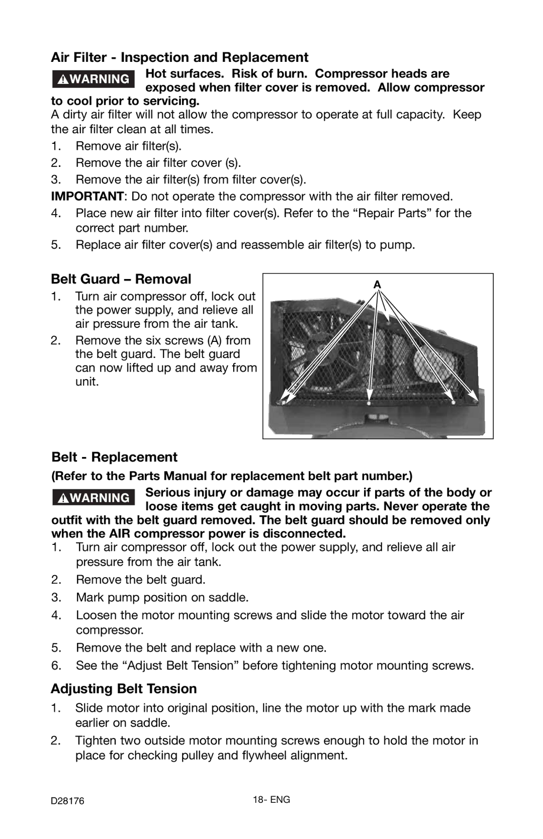 Porter-Cable C7510 Air Filter Inspection and Replacement, Belt Guard Removal, Belt Replacement, Adjusting Belt Tension 