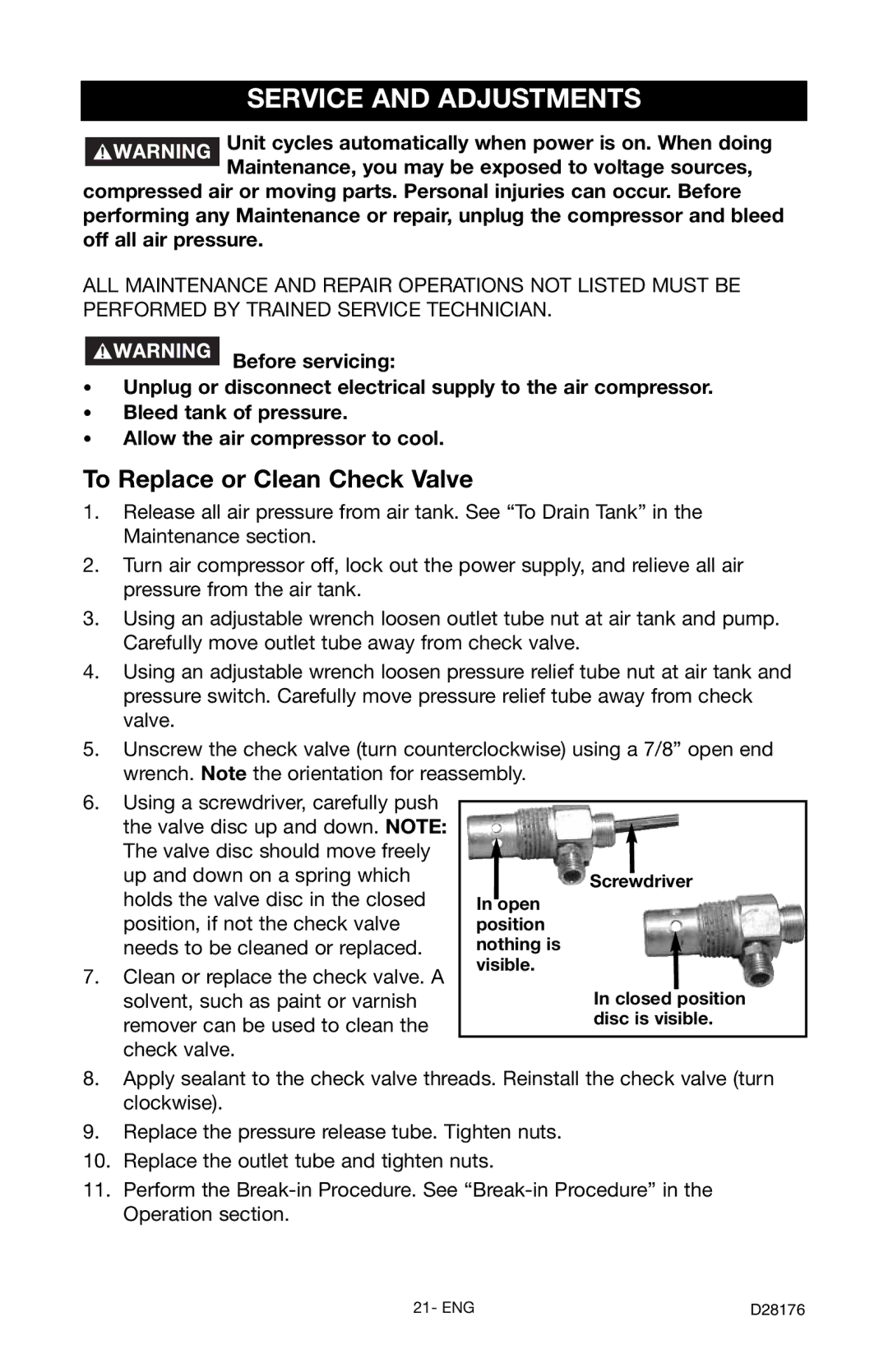 Porter-Cable C7510 instruction manual Service and Adjustments, To Replace or Clean Check Valve 