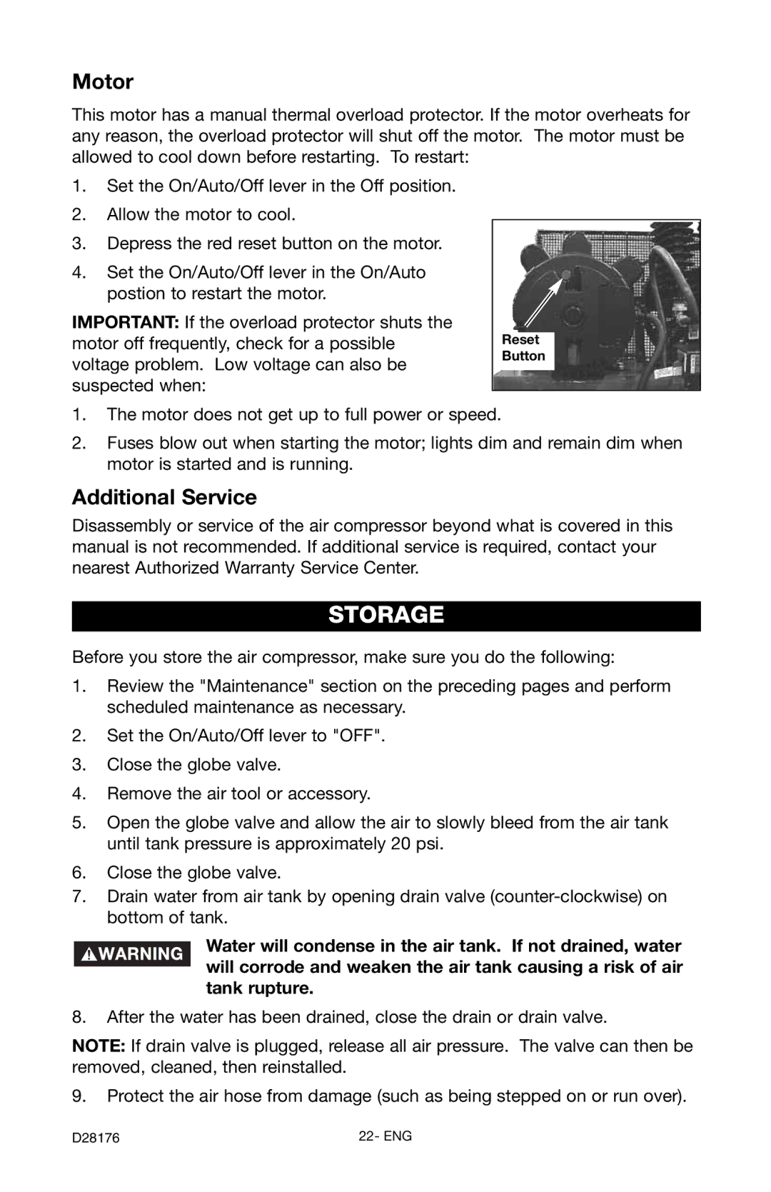 Porter-Cable C7510 instruction manual Storage, Motor, Additional Service 