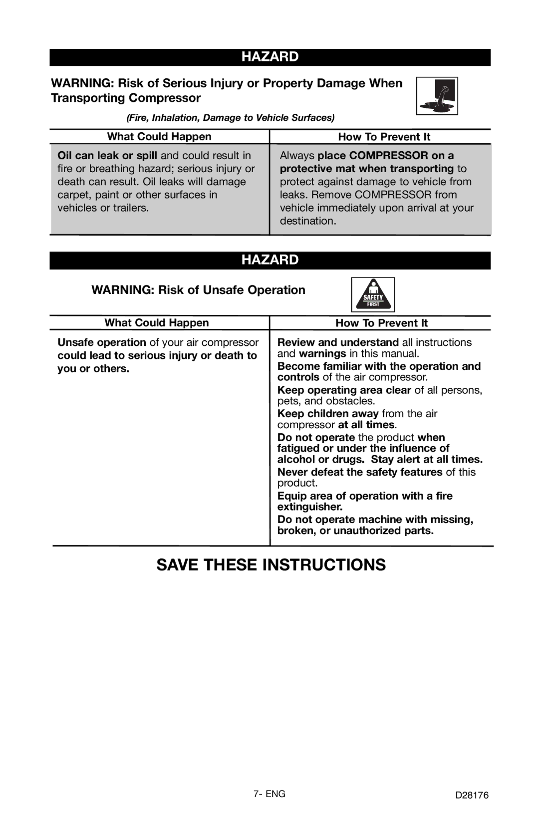 Porter-Cable C7510 instruction manual Fire, Inhalation, Damage to Vehicle Surfaces 