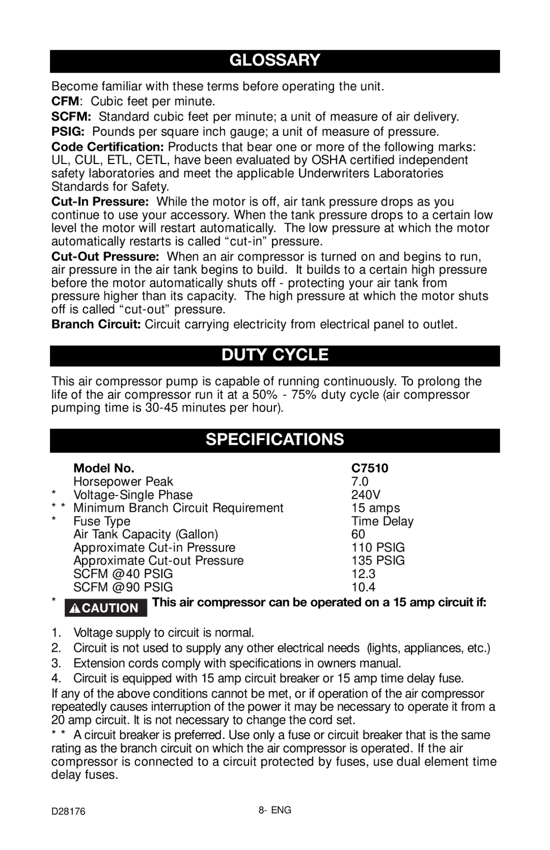 Porter-Cable C7510 instruction manual Glossary, Duty Cycle, Specifications 