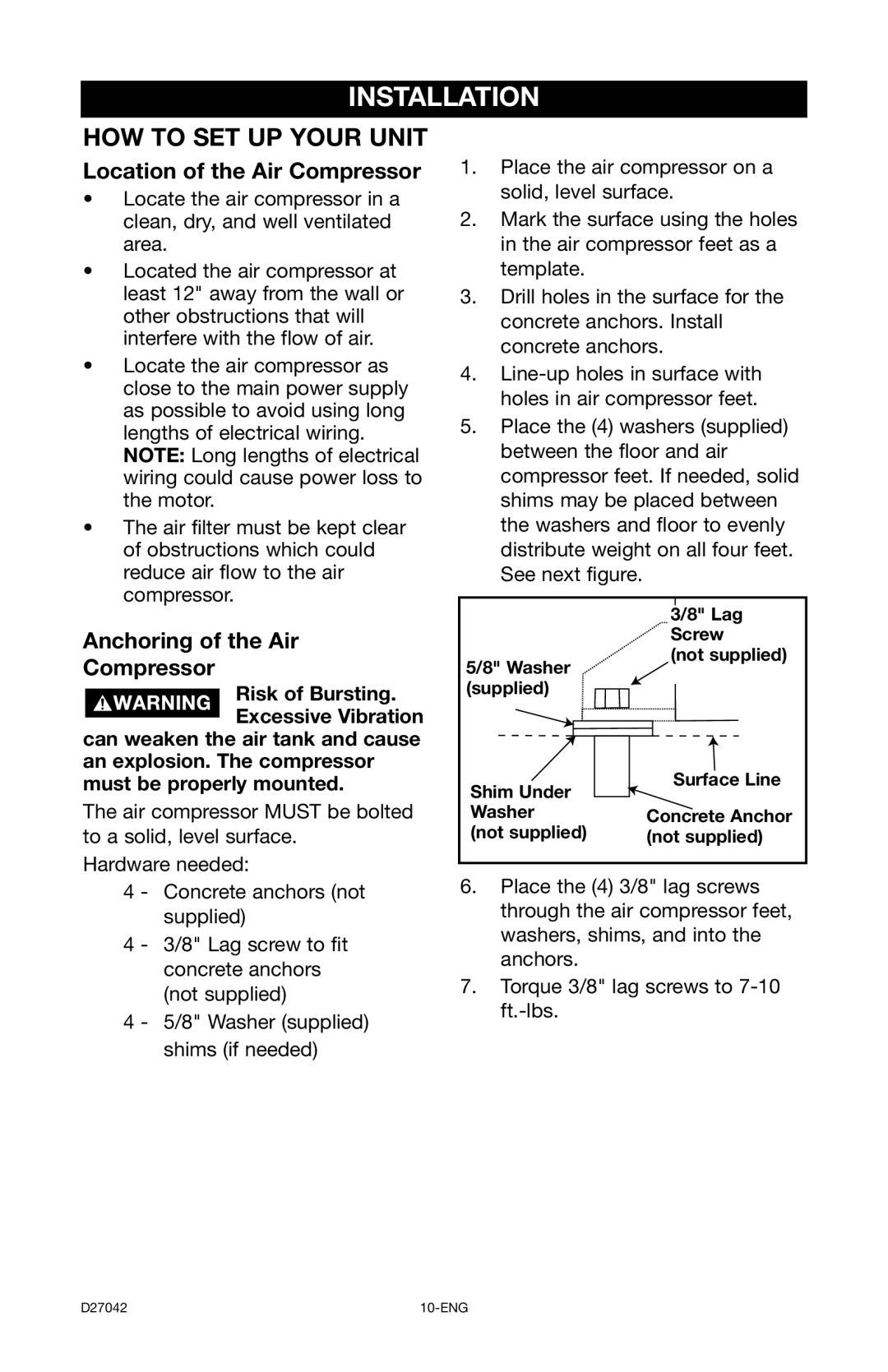 Porter-Cable C7550 instruction manual Installation, Location of the Air Compressor, Anchoring of the Air Compressor 