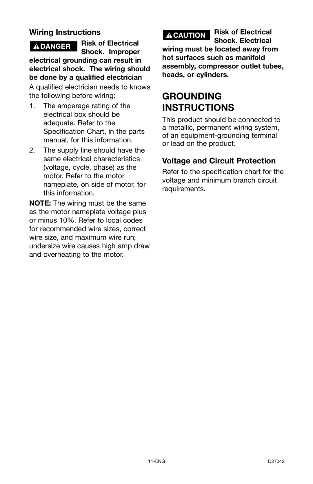 Porter-Cable C7550 instruction manual Wiring Instructions, Voltage and Circuit Protection 