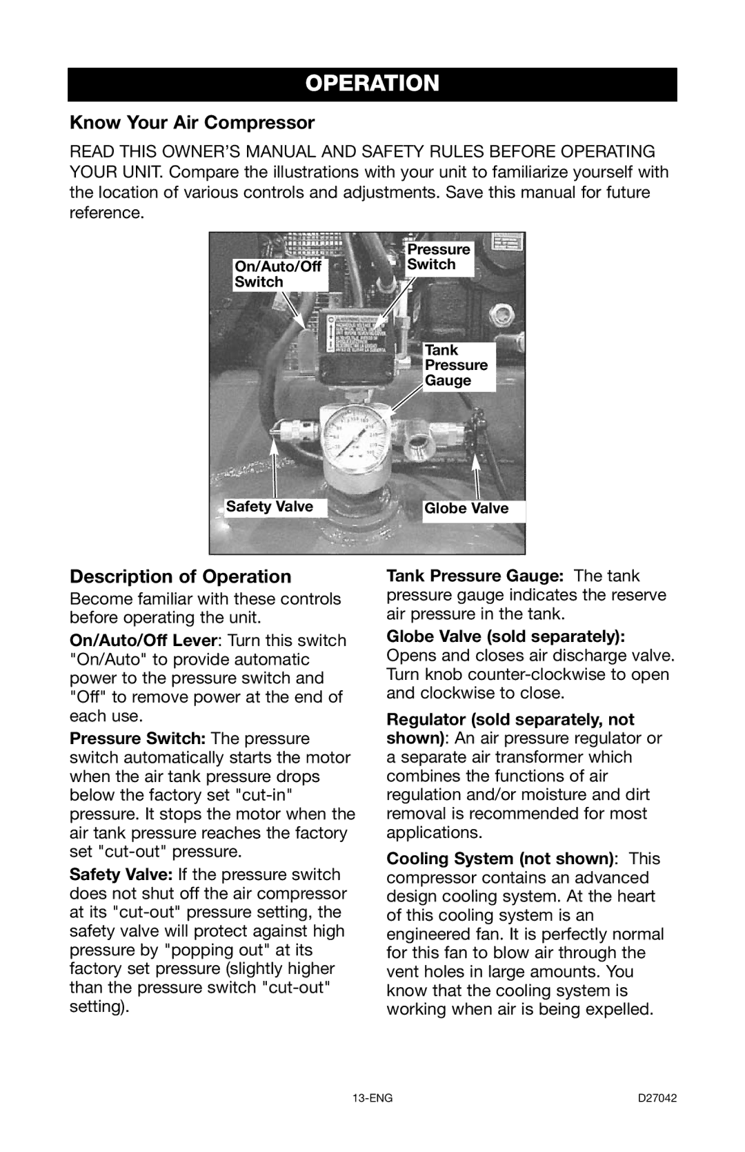 Porter-Cable C7550 instruction manual Know Your Air Compressor, Description of Operation 