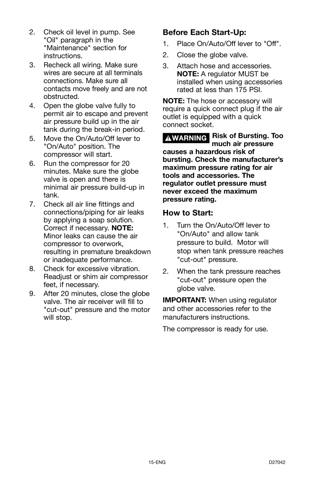 Porter-Cable C7550 instruction manual Before Each Start-Up, How to Start 