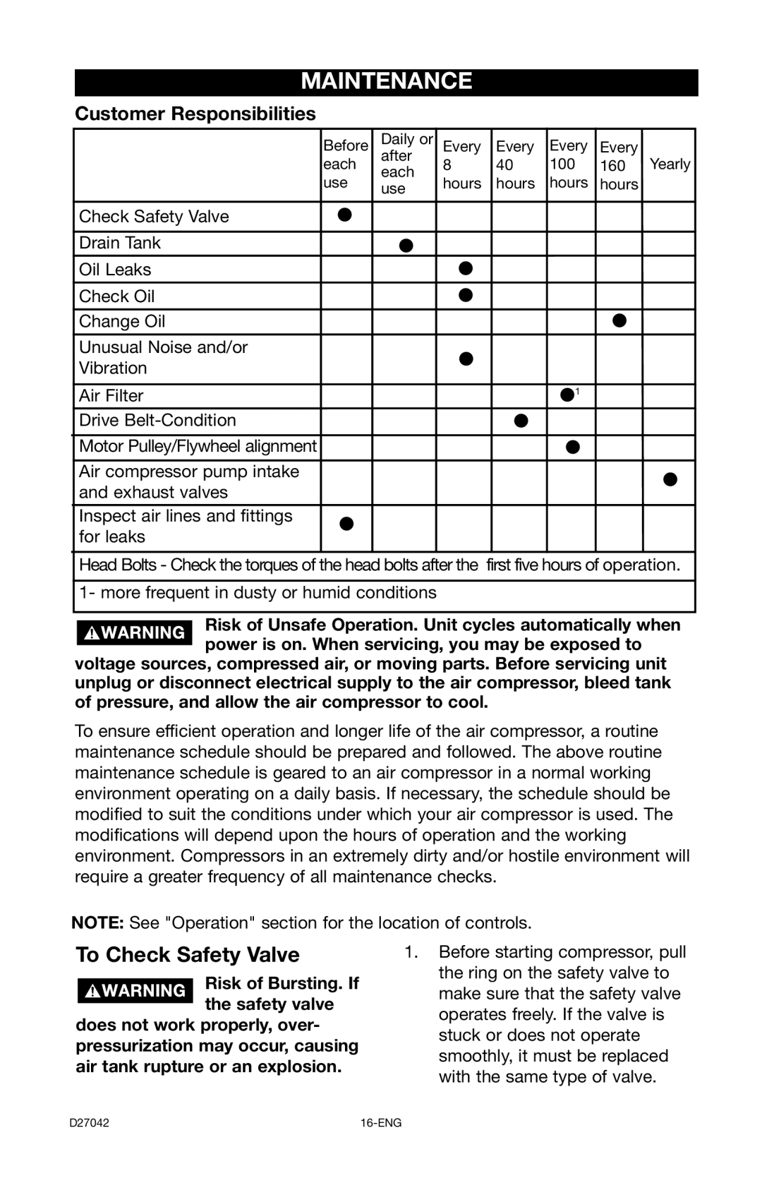 Porter-Cable C7550 instruction manual Maintenance, To Check Safety Valve, Customer Responsibilities 