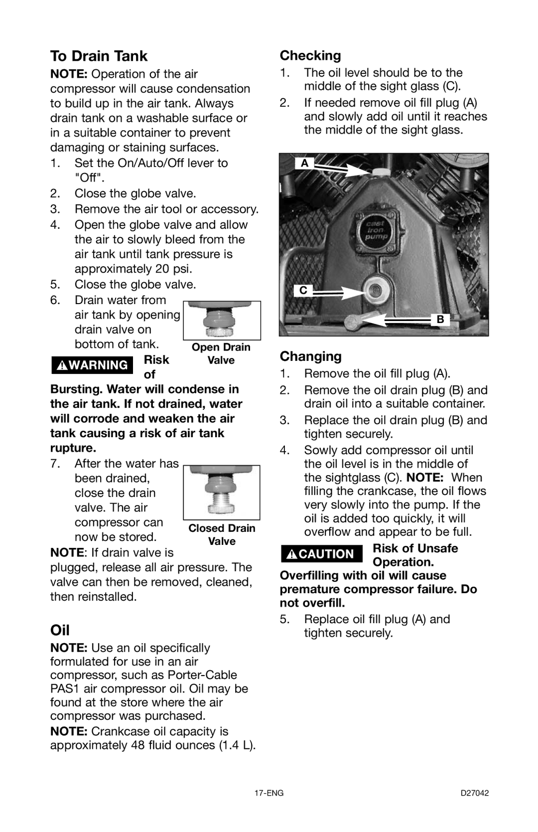 Porter-Cable C7550 instruction manual To Drain Tank, Oil, Checking, Changing 