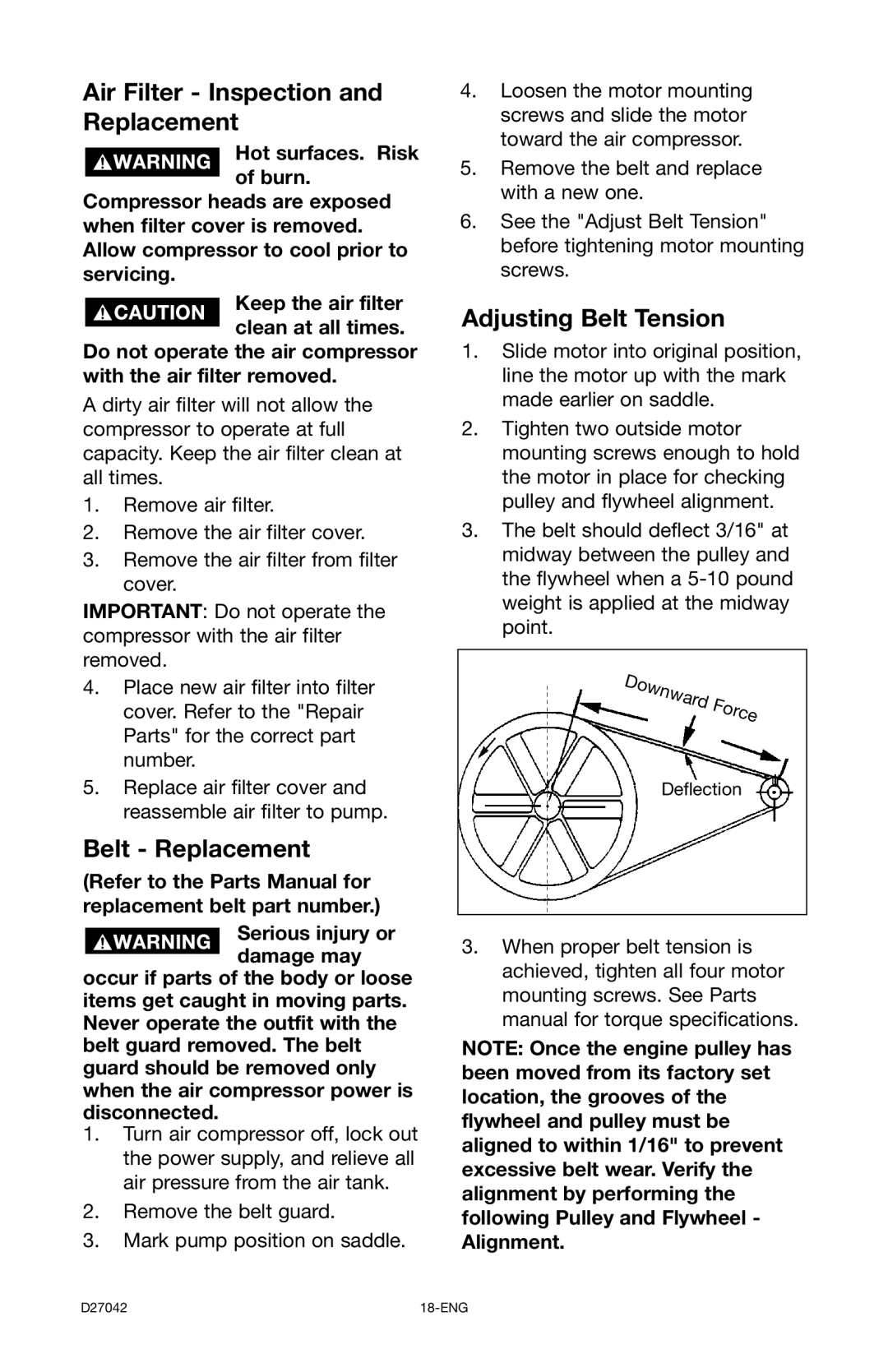 Porter-Cable C7550 instruction manual Air Filter Inspection and Replacement, Belt Replacement, Adjusting Belt Tension 