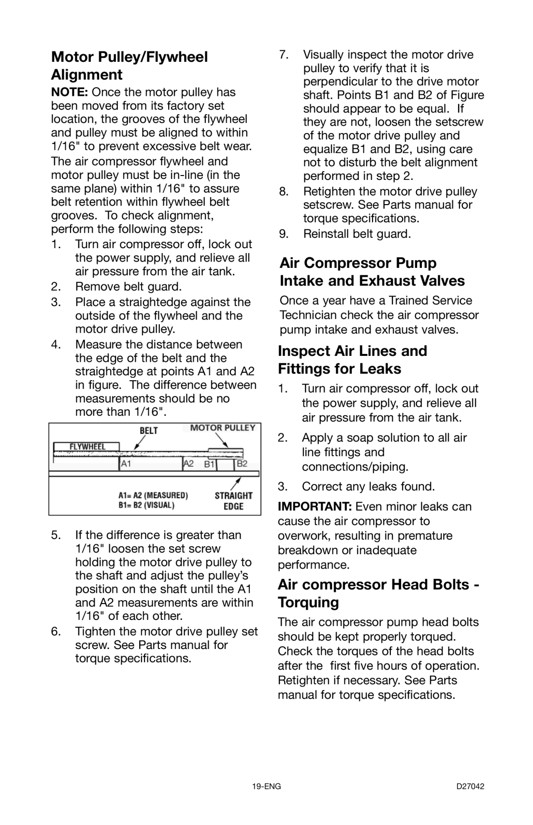 Porter-Cable C7550 instruction manual Motor Pulley/Flywheel Alignment, Air Compressor Pump Intake and Exhaust Valves 