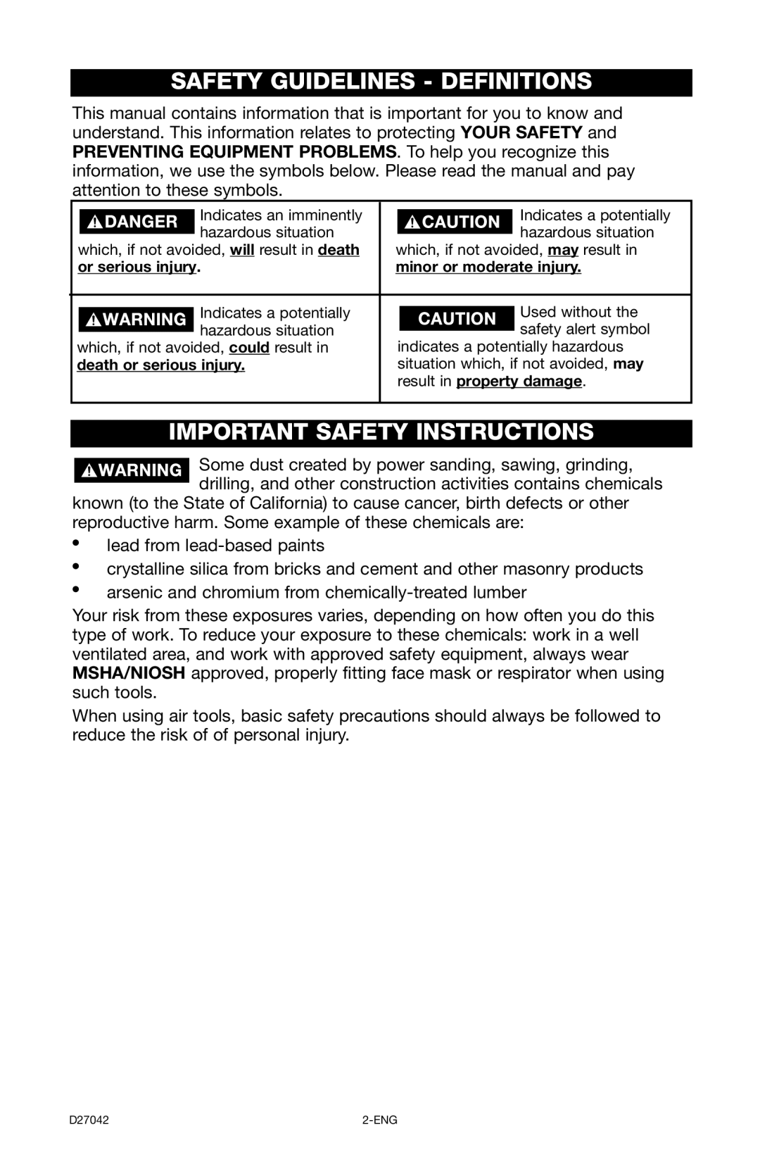 Porter-Cable C7550 instruction manual Safety Guidelines Definitions, Important Safety Instructions 