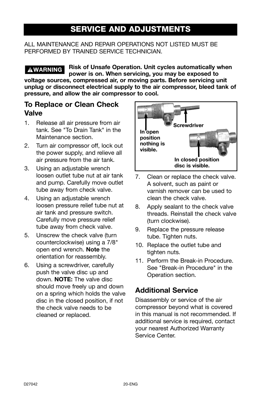 Porter-Cable C7550 instruction manual Service and Adjustments, To Replace or Clean Check Valve, Additional Service 