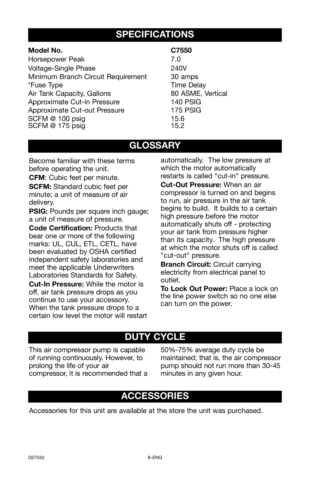 Porter-Cable C7550 instruction manual Specifications, Glossary, Duty Cycle, Accessories 