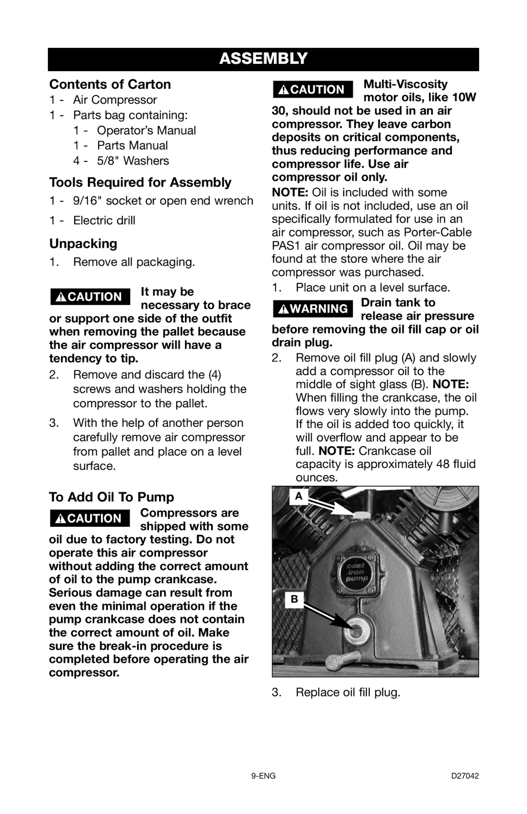 Porter-Cable C7550 instruction manual Contents of Carton, Tools Required for Assembly, Unpacking, To Add Oil To Pump 