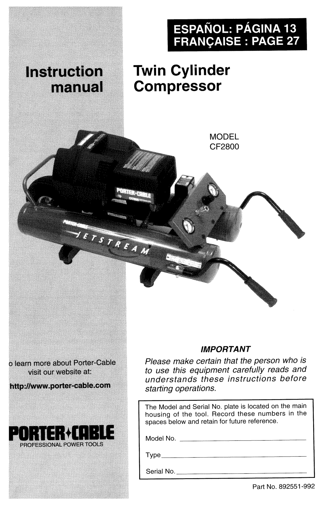 Porter-Cable 892551-992, CF2800 manual 