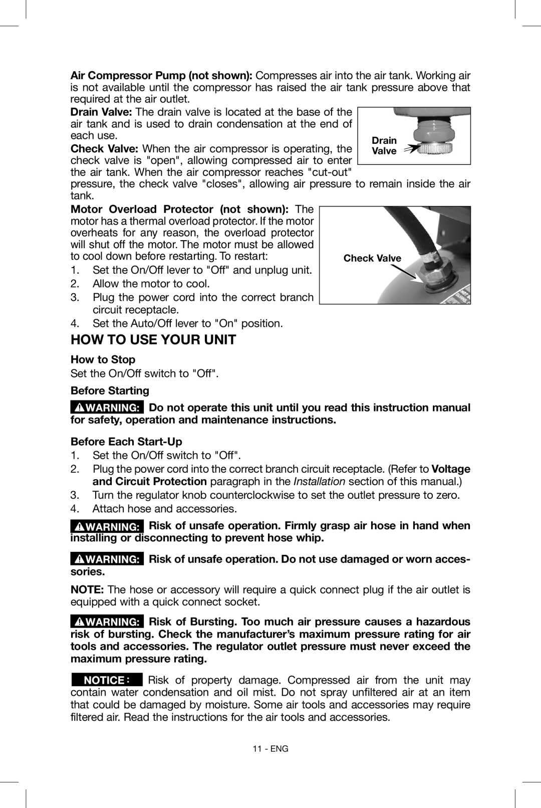 Porter-Cable CF6131 instruction manual How to Stop, Before Starting Before Each Start-Up 