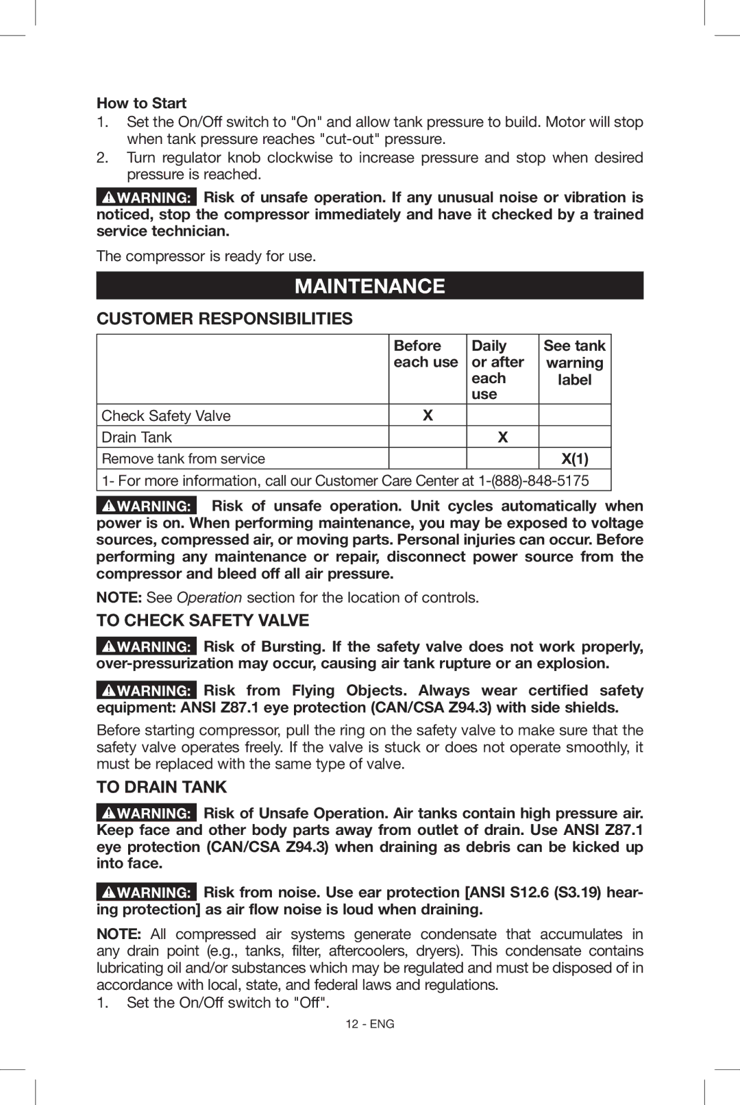 Porter-Cable CF6131 Maintenance, Customer Responsibilities, To Check Safety Valve, To Drain Tank, How to Start 