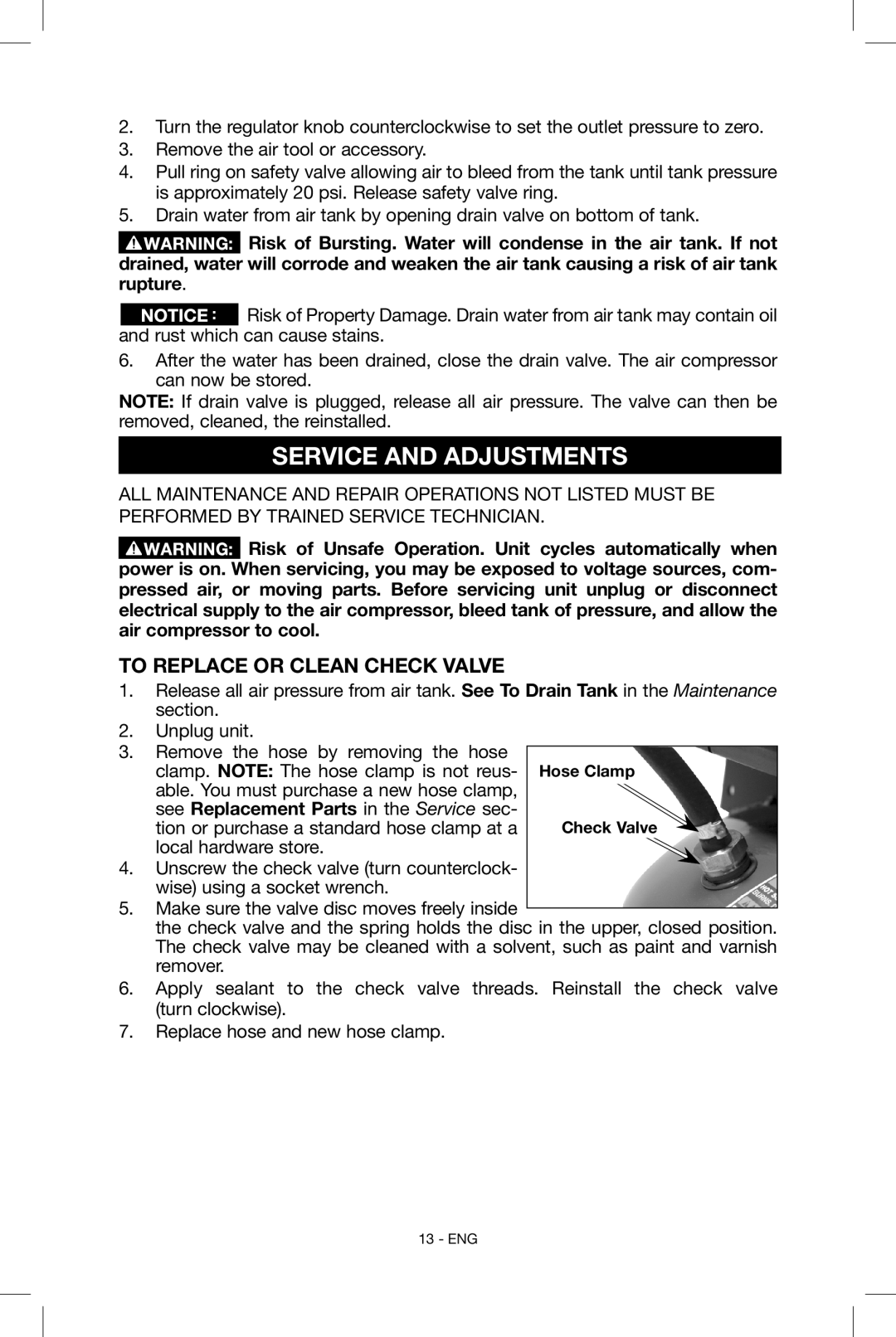 Porter-Cable CF6131 Service and Adjustments, To Replace or Clean Check Valve, See Replacement Parts in the Service sec 