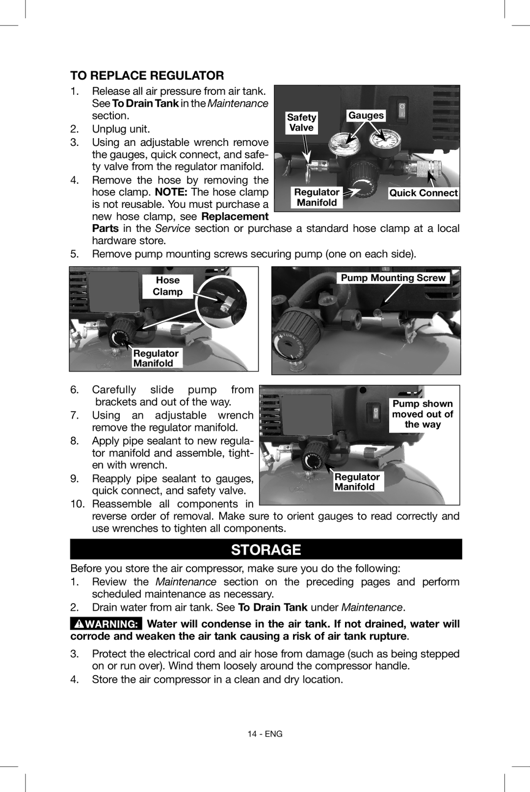 Porter-Cable CF6131 instruction manual Storage, To Replace Regulator, Unplug unit, Reapply pipe sealant to gauges 