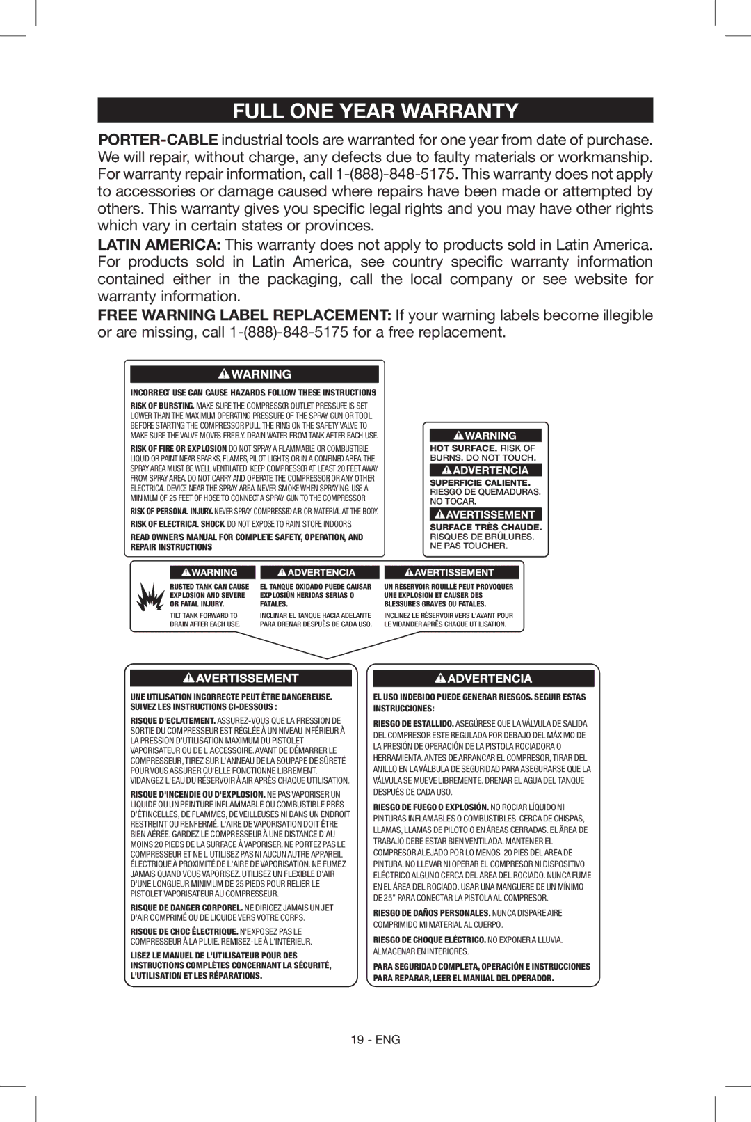 Porter-Cable CF6131 instruction manual Full One Year Warranty 