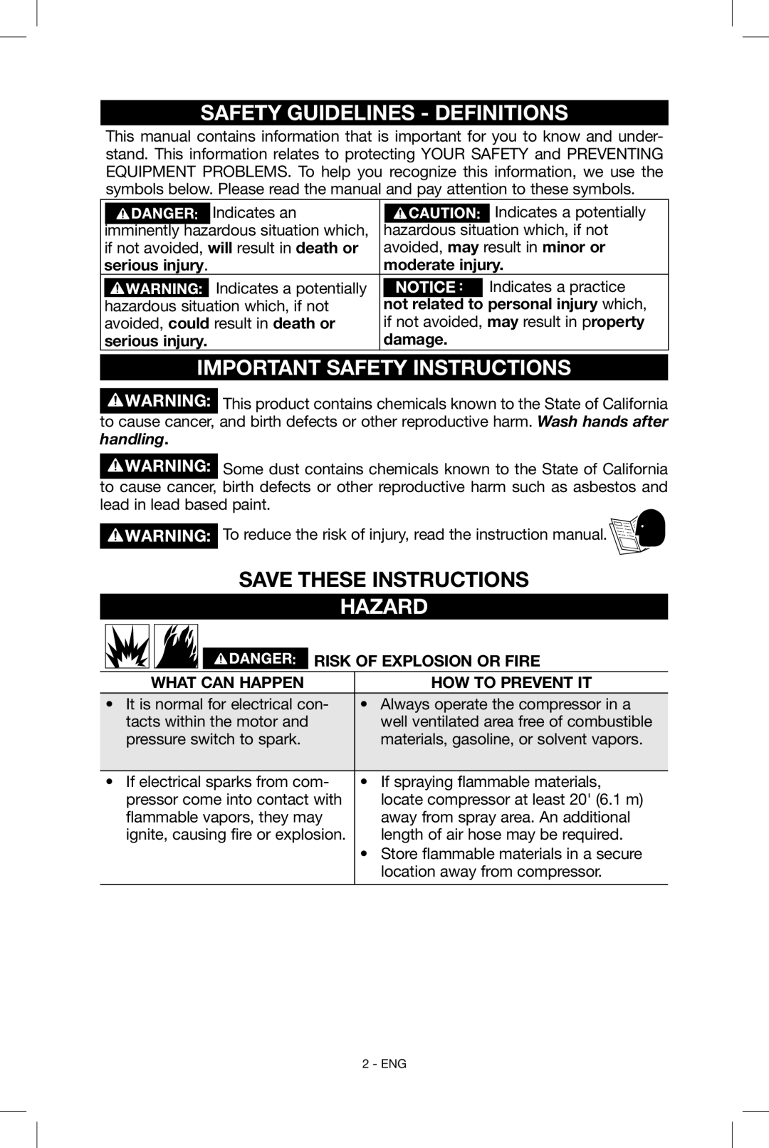 Porter-Cable CF6131 instruction manual Safety Guidelines Definitions, Important Safety Instructions, Hazard 