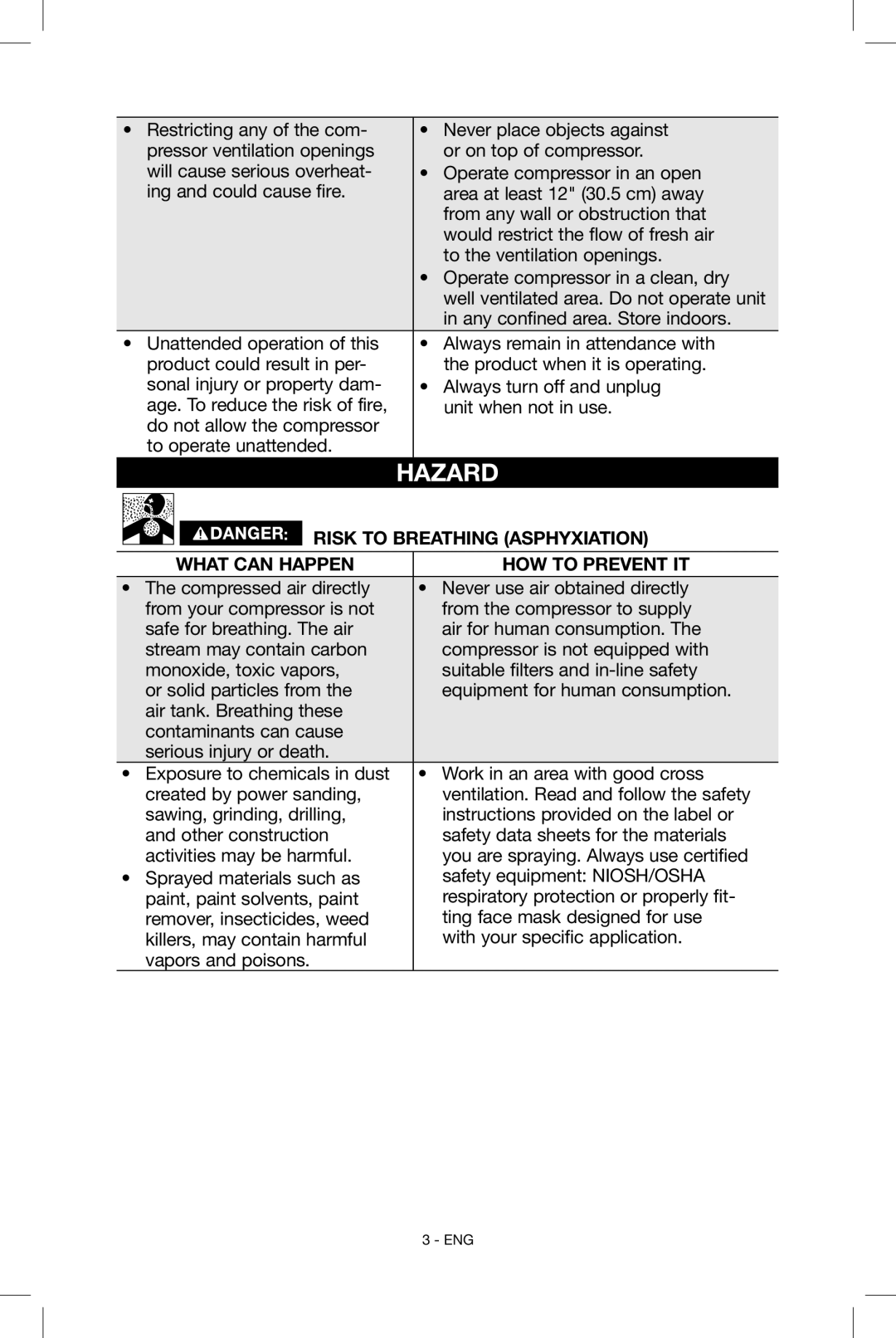 Porter-Cable CF6131 instruction manual Risk to Breathing Asphyxiation, What can happen How to prevent it 