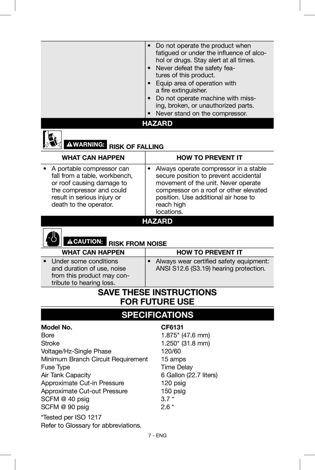 Porter-Cable instruction manual Risk of Falling What can happen How to prevent it, Risk from noise, Model No CF6131 