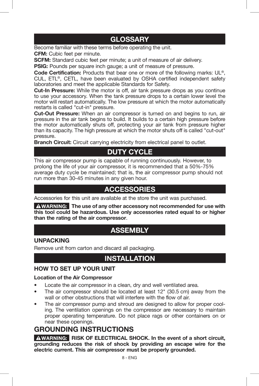 Porter-Cable CF6131 instruction manual Glossary, Duty Cycle, Accessories, Assembly, Installation 