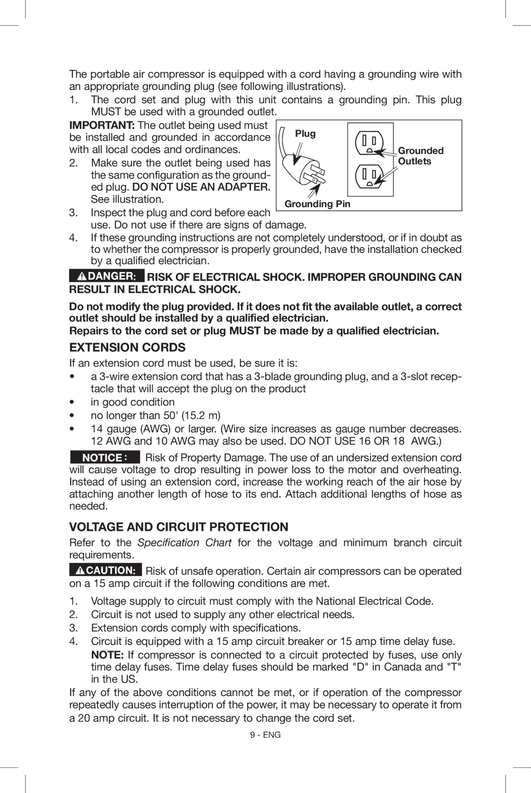 Porter-Cable CF6131 instruction manual Extension Cords, Voltage and Circuit Protection 