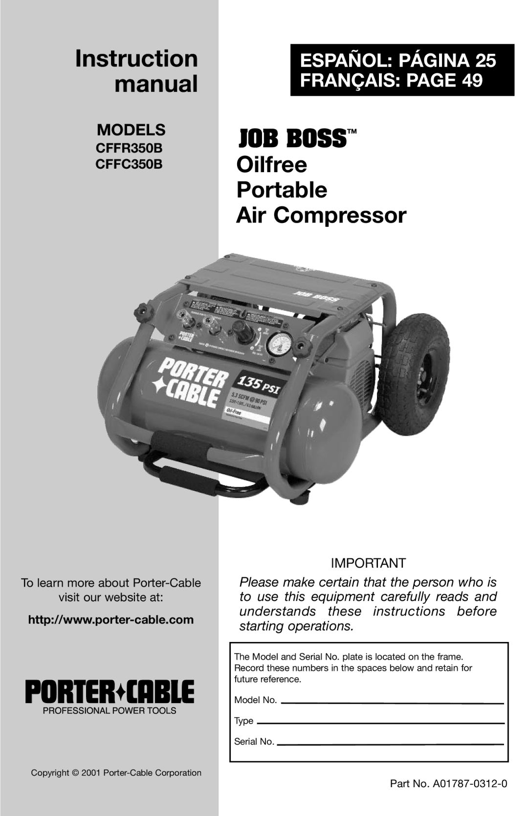 Porter-Cable CFFR350B, CFFC350B instruction manual Oilfree Portable Air Compressor 