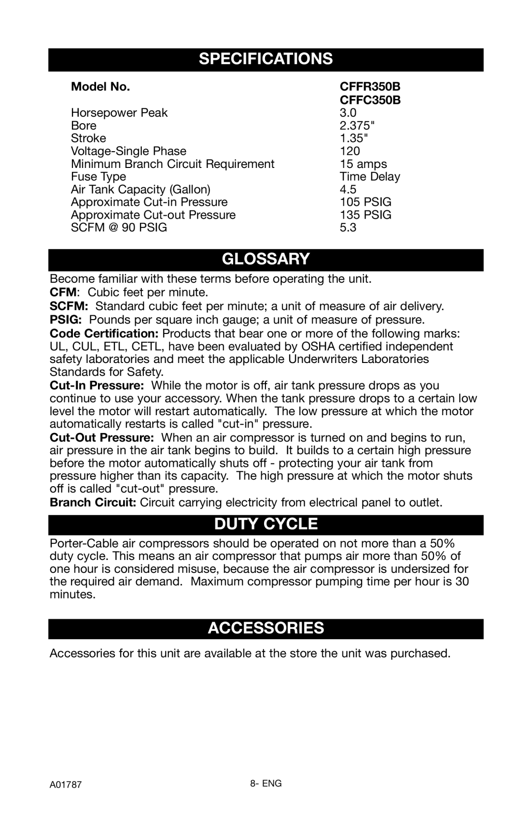 Porter-Cable CFFC350B, CFFR350B instruction manual Specifications, Glossary, Duty Cycle, Accessories 