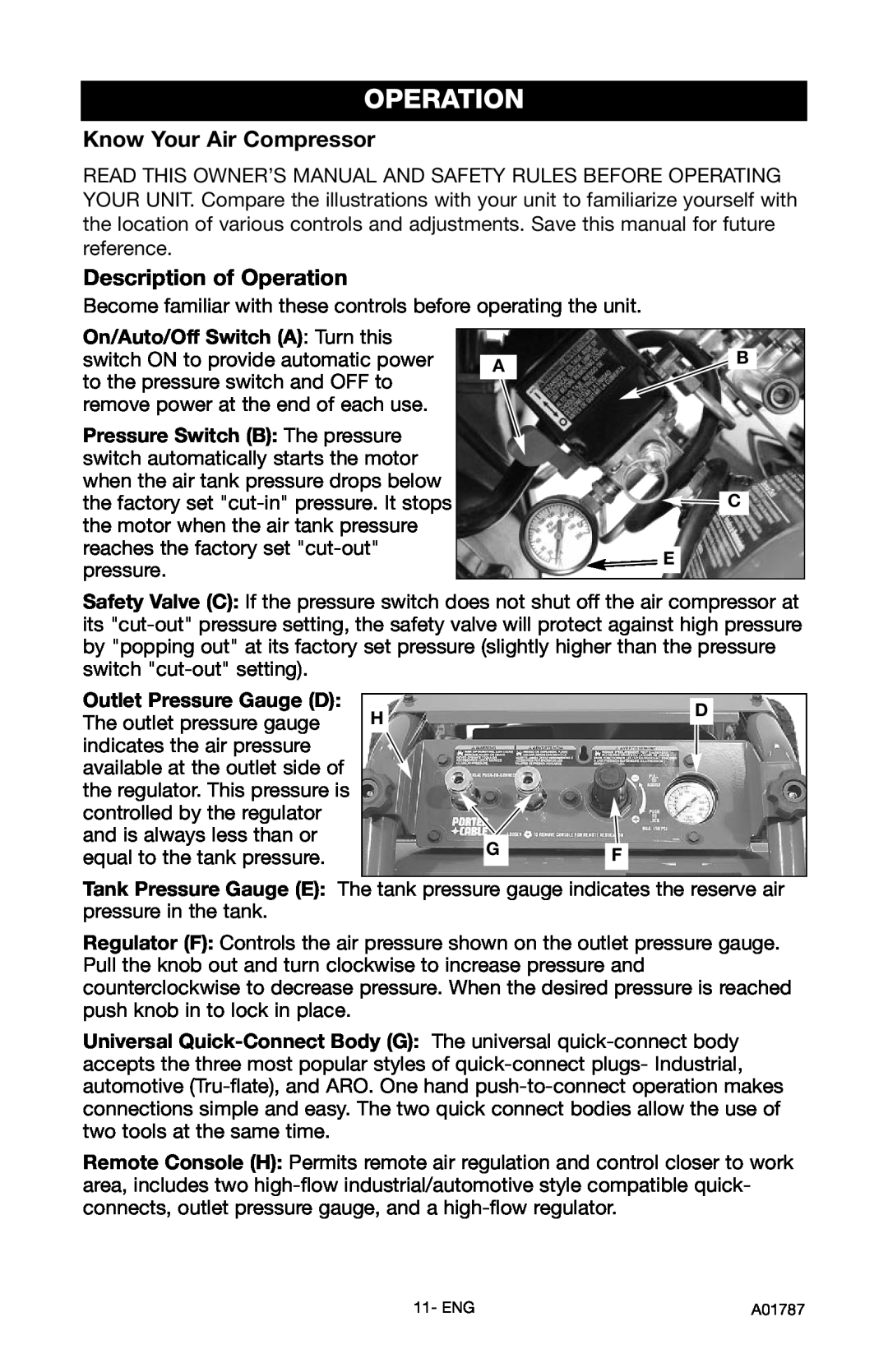 Porter-Cable CFFR350B, CFFC350B instruction manual Know Your Air Compressor, Description of Operation 