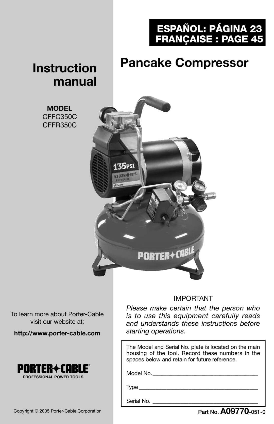 Porter-Cable CFFR350C, CFFC350C instruction manual Pancake Compressor 