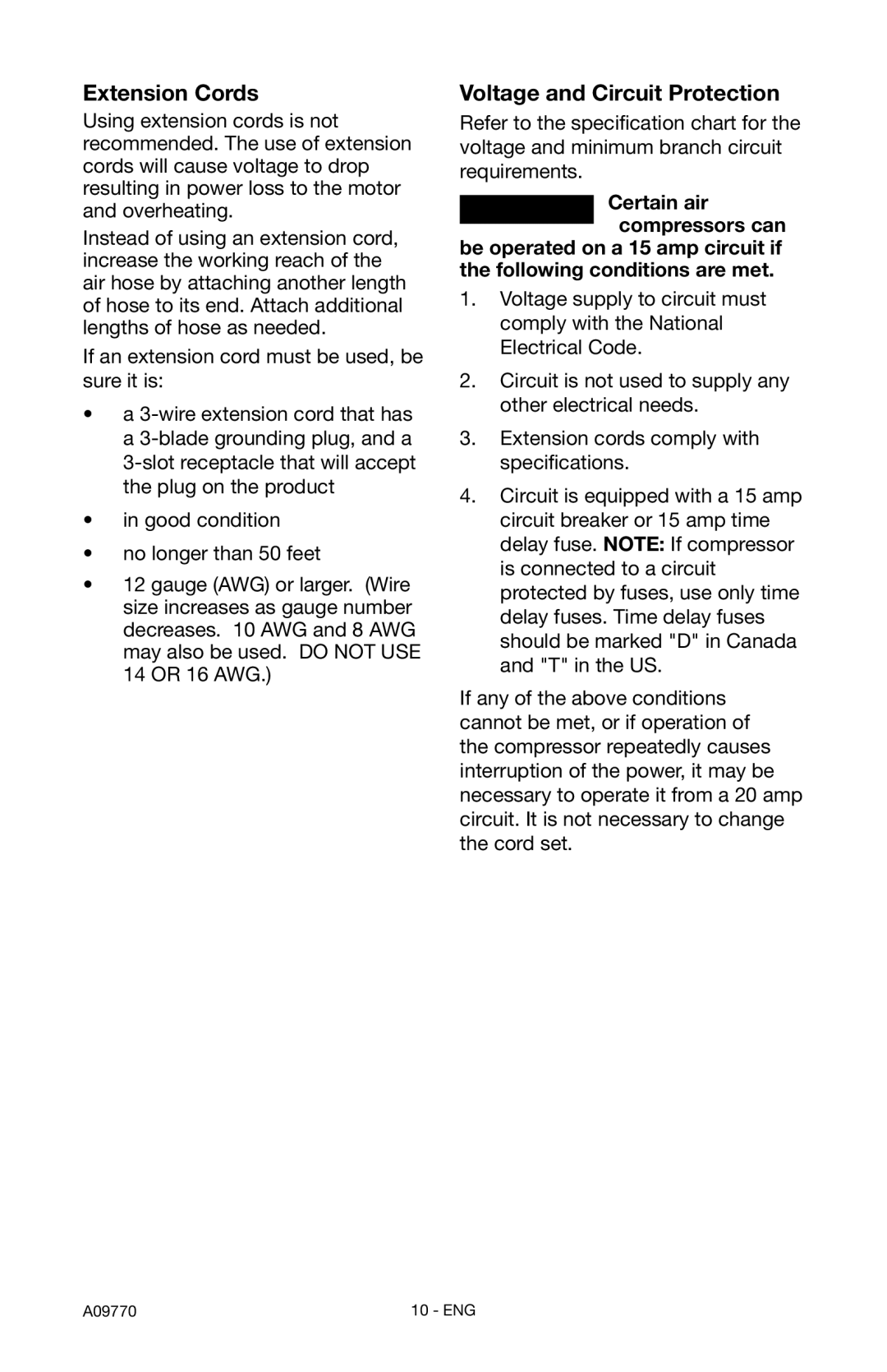 Porter-Cable CFFC350C, CFFR350C instruction manual Extension Cords, Voltage and Circuit Protection 