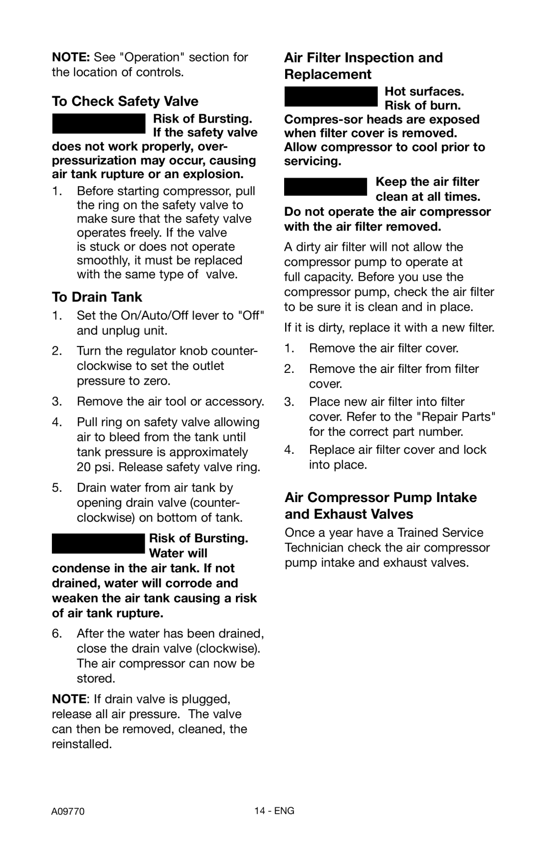 Porter-Cable CFFC350C, CFFR350C instruction manual To Check Safety Valve, To Drain Tank, Air Filter Inspection Replacement 