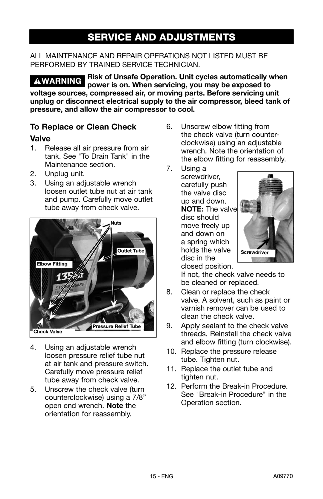 Porter-Cable CFFR350C, CFFC350C instruction manual Service and Adjustments, To Replace or Clean Check Valve 