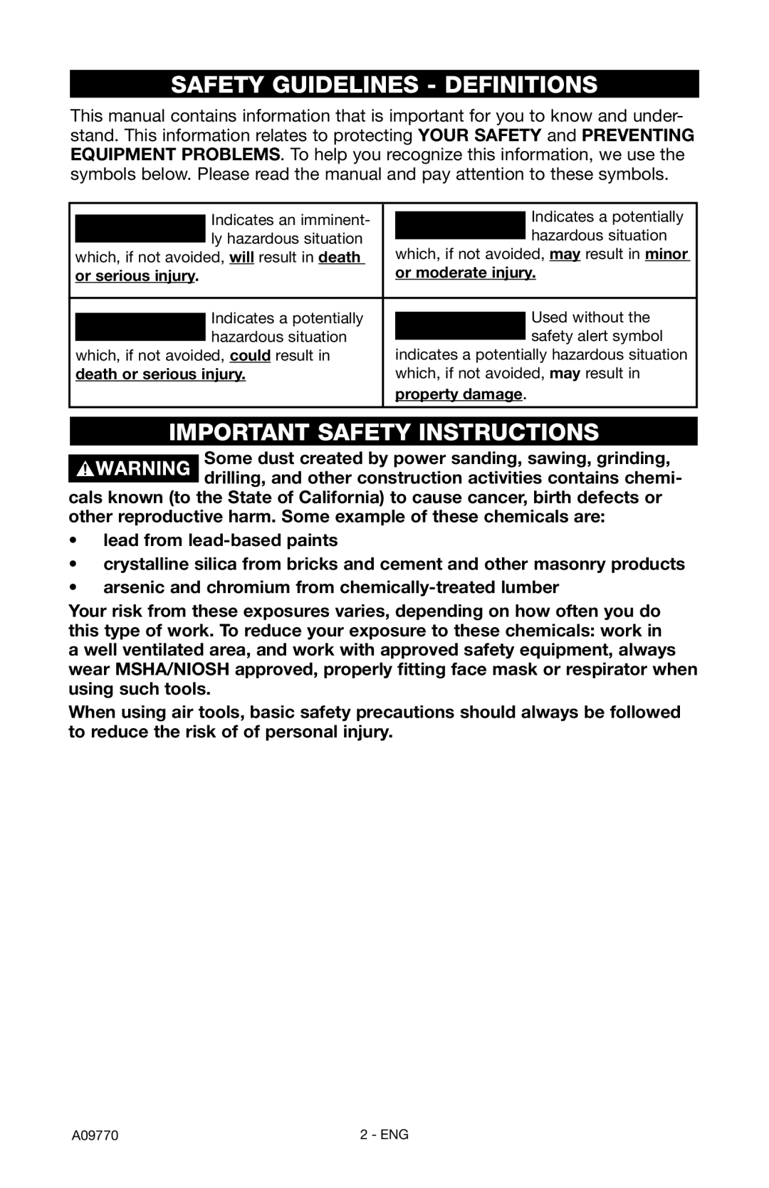 Porter-Cable CFFC350C Safety Guidelines Definitions, Important Safety Instructions, Or serious injury Or moderate injury 