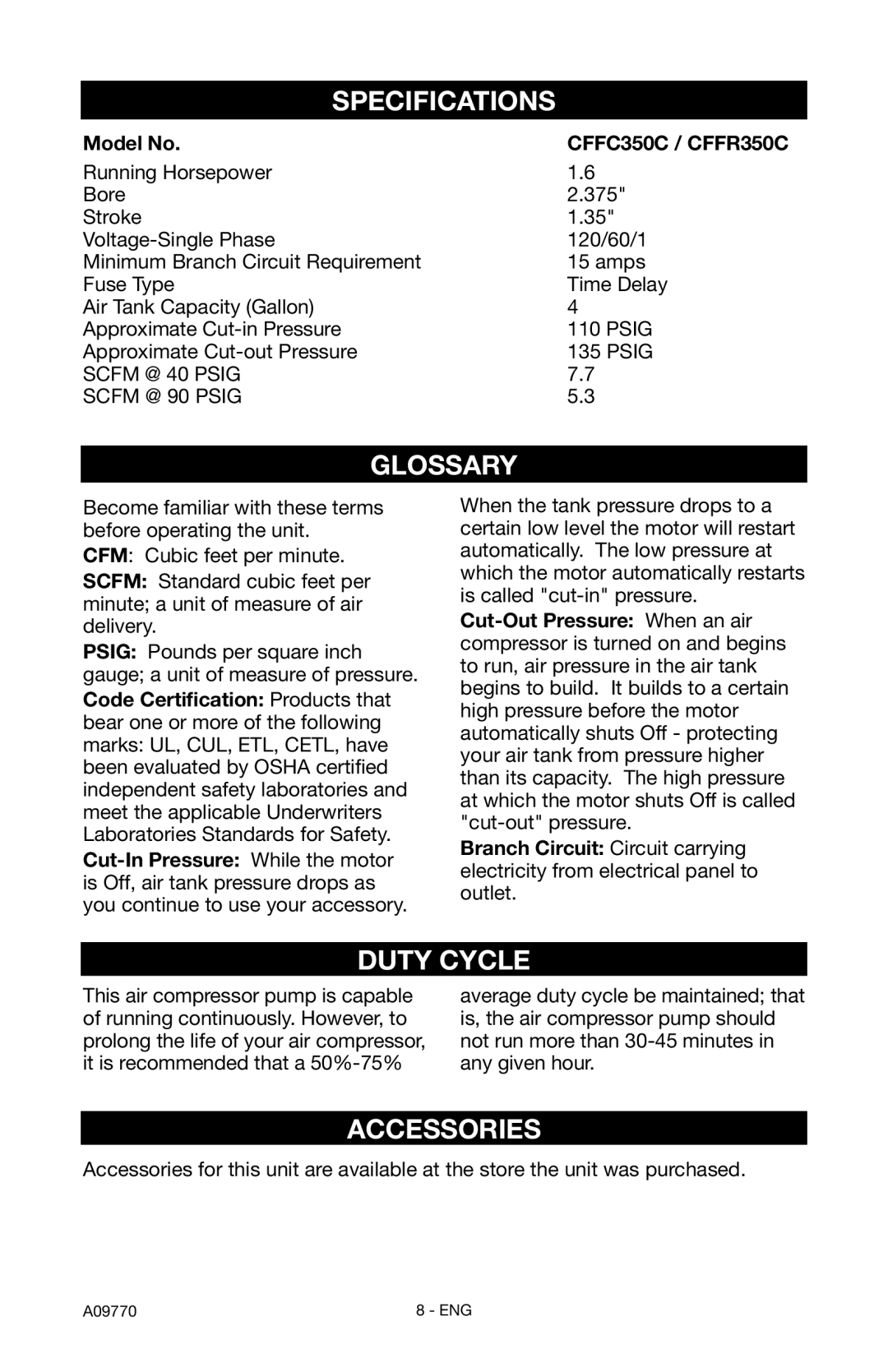 Porter-Cable CFFC350C, CFFR350C instruction manual Specifications, Glossary, Duty Cycle, Accessories, Model No 