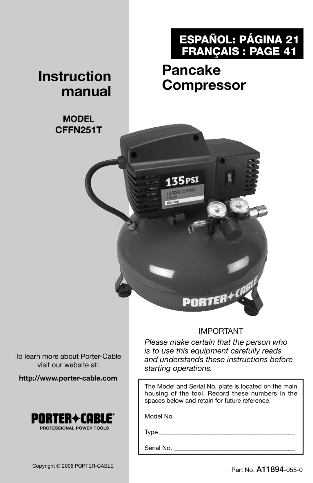 Porter-Cable CFFN251T instruction manual Instruction Pancake Manual Compressor 
